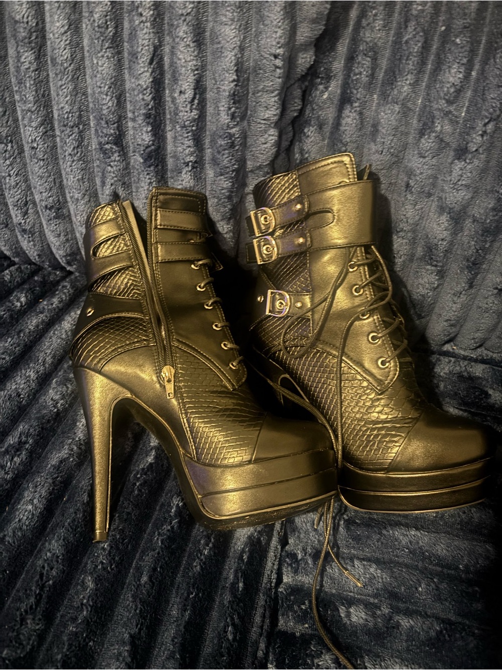 Women's Black High-Heel Lace-Up Ankle Boots with Buckle Straps